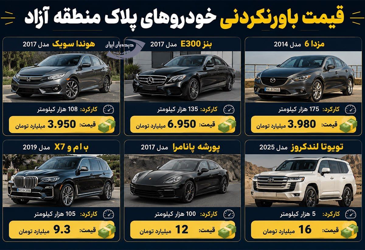 قیمت باورنکردنی خودروهای پلاک منطقه آزاد / از هوندا سیویک ۴ میلیاردی تا لندکروز ۱۶ میلیاردی